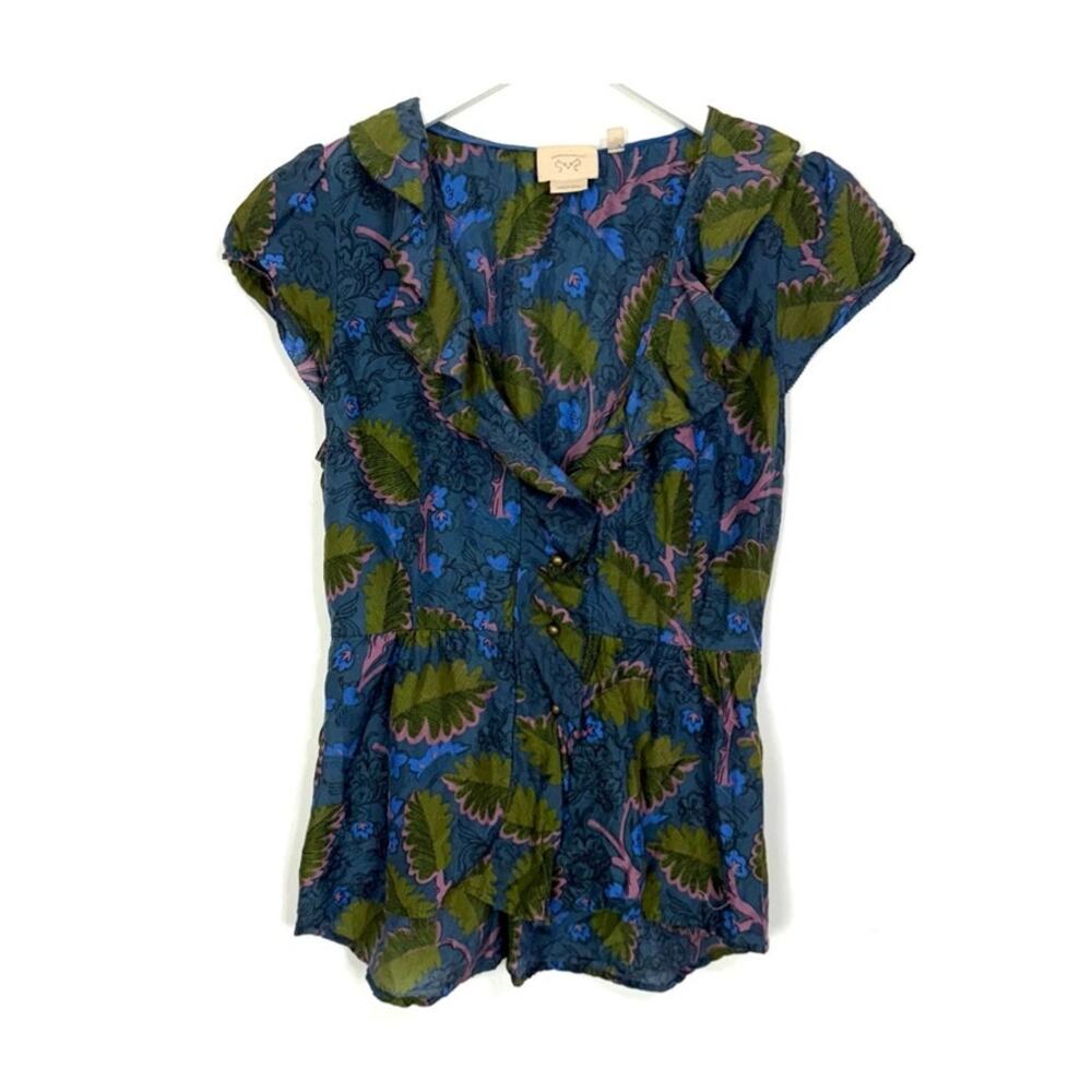 Anthropologie Blue and Green Ruffle Blouse